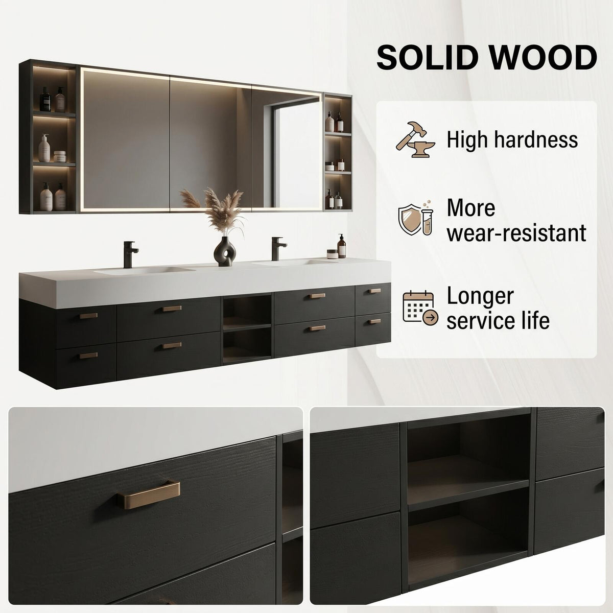 60''-96'' Double Bathroom Vanity with Sink Modern Floating Textured Grey Finish Spacious Mirror