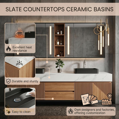 60''-96'' Double Bathroom Vanity with Sink Floating Double White Marble Slatted Wood