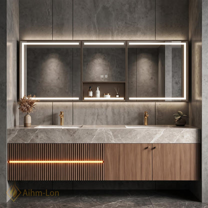 60''-96'' Double Bathroom Vanity with Sink Modern Slatted Front Panels Marble Patterned