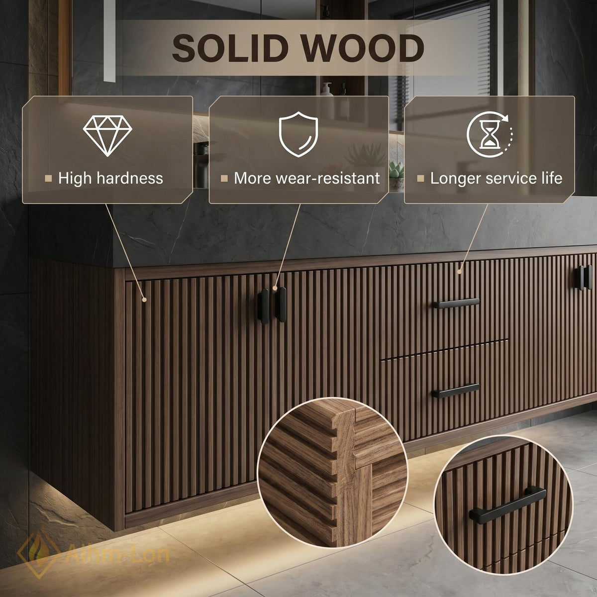 60''-96'' Double Bathroom Vanity with Sink Floating Dark Walnut Slats Open Center