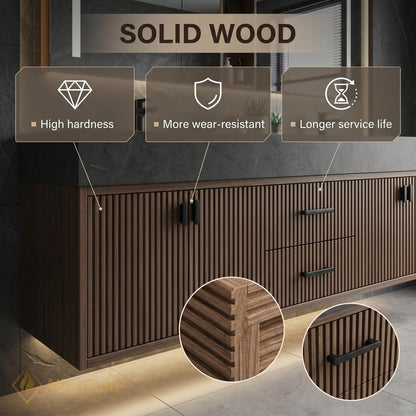 60''-96'' Double Bathroom Vanity with Sink Floating Dark Walnut Slats Open Center