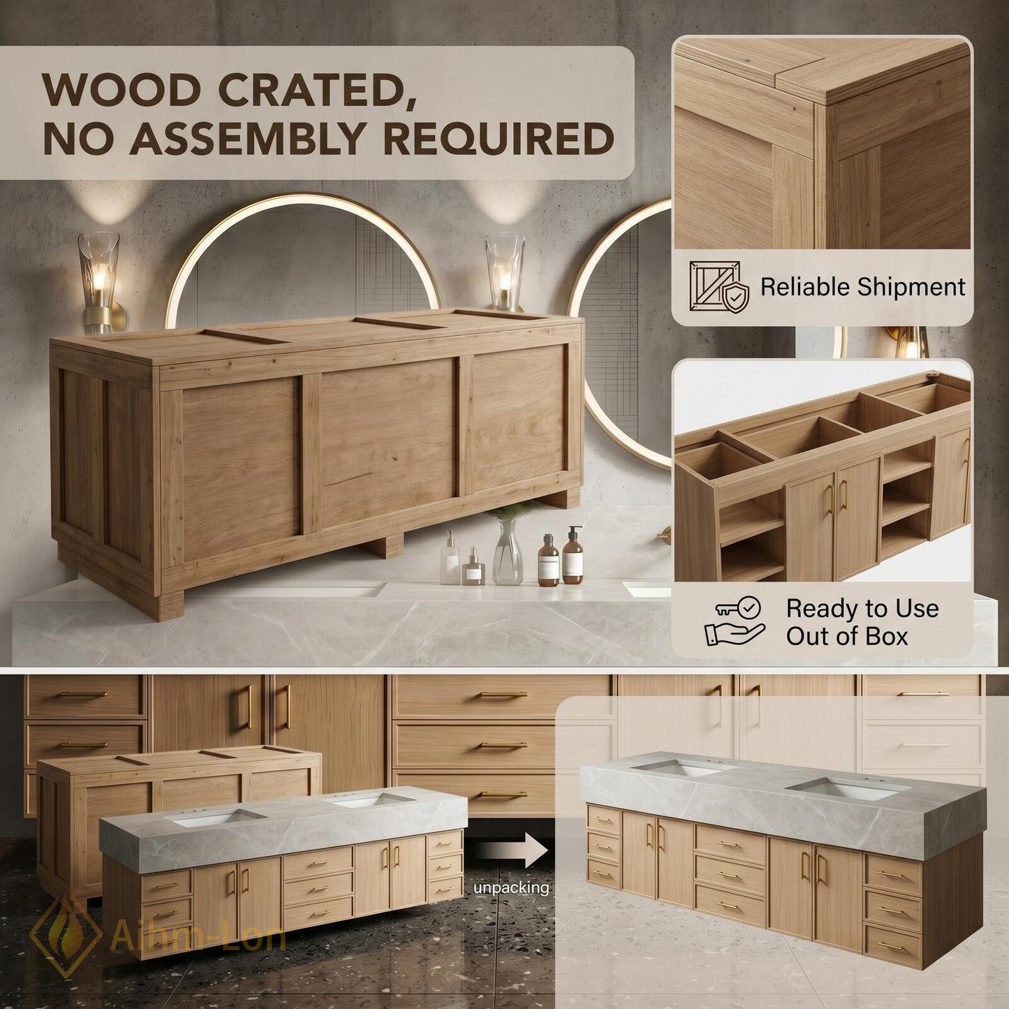 76''-96'' Double Bathroom Vanity with Sink Natural-Wood Modern Floating Stone-Top