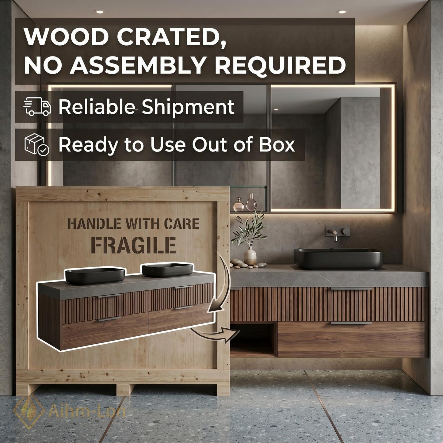 70''-96'' Modern Bathroom Vanity with Sink Floating Dark Walnut Slatted Stone Shelving
