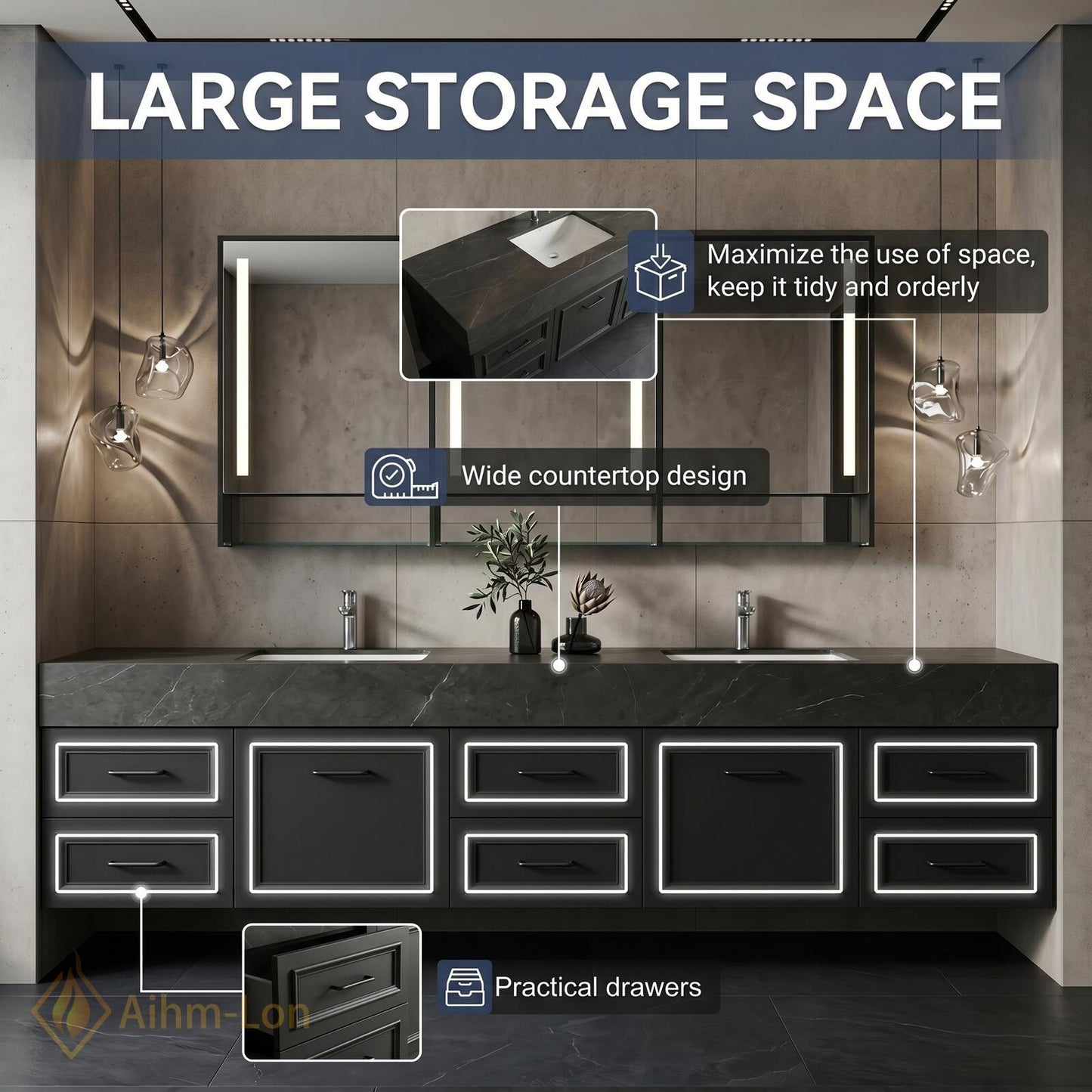 72''-96'' Double Bathroom Vanity with Sink Charcoal Drawers Modern Matte Finish Deep