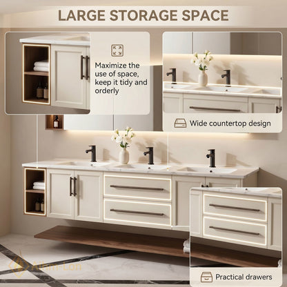 72''-96'' Floating Bathroom Vanity with Sink Triple Bowl Basin Marble Textured Top