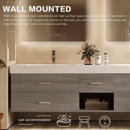 56"- 78"Floating Bathroom Vanity Includes Five Brown Wood Design Drawer