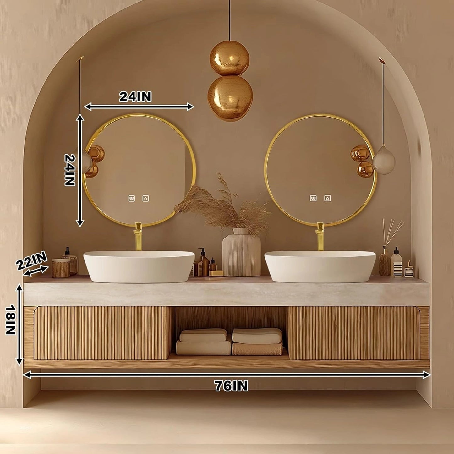 60"-96"Floating Bathroom Vanity with Double Sinks Includes Round Mirror