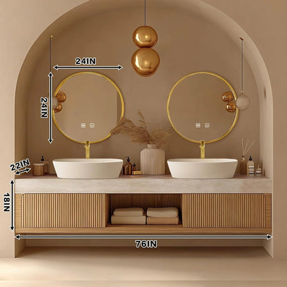 60"-96"Floating Bathroom Vanity with Double Sinks Includes Round Mirror