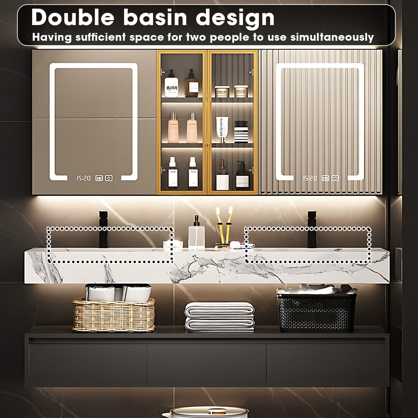 56"-96"Double Basin Floating Bathroom  Vanity High end Luxury Countertop