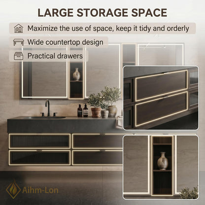 76''-96'' Double Bathroom Vanity with Sink Slatted Drawers Floating Double Open Shelving
