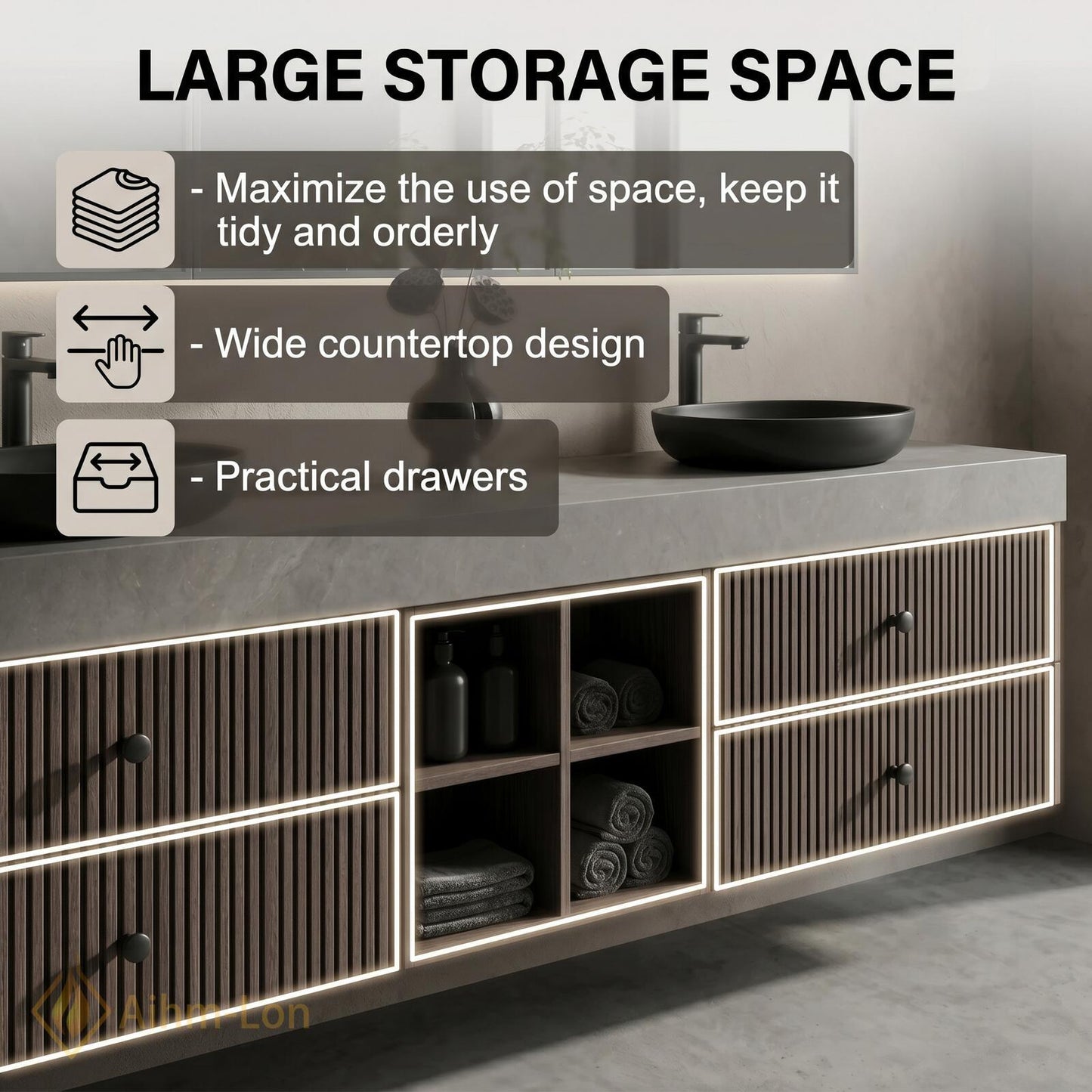 60''-96'' Double Bathroom Vanity with Sink Modern Dark Walnut Slatted Center Panel