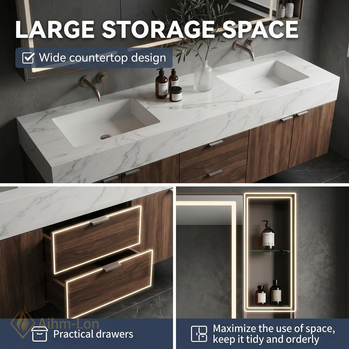 60''-96'' Double Bathroom Vanity with Sink Solid Stone Wood Grain Front Panels