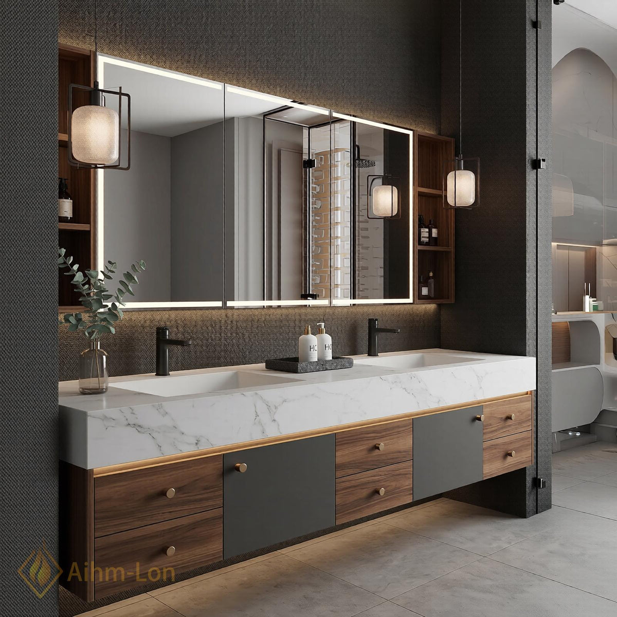 60''-96'' Double Bathroom Vanity with Sink White Marble Top Grey Panel Doors