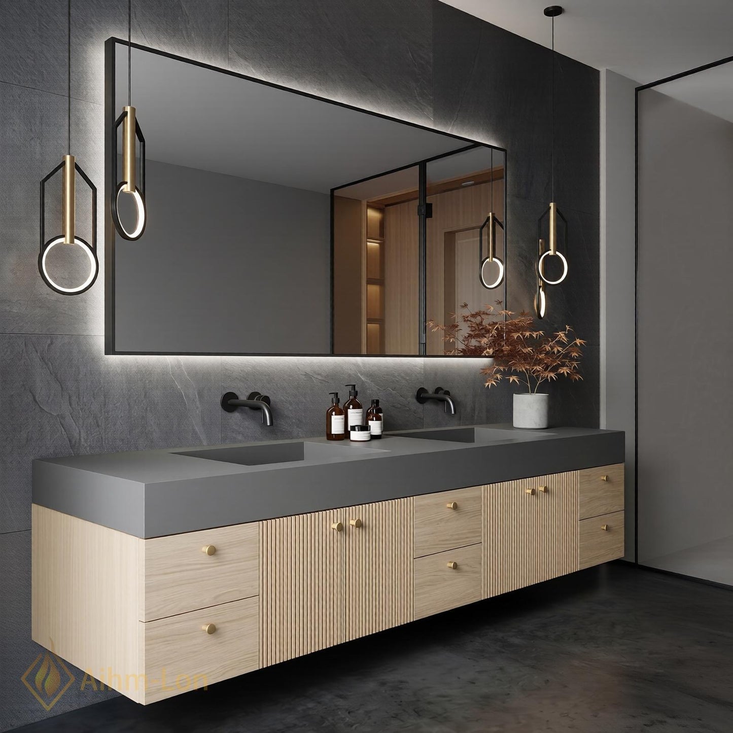 70''-96'' Double Bathroom Vanity with Sink Warm-Oak Modern Floating Slatted-Panel