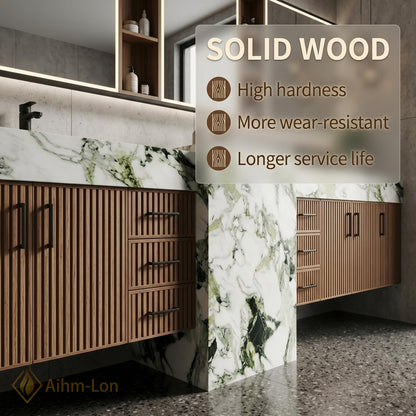 60''-96'' Double Bathroom Vanity with Sink Green Veined Marble Slatted Wood Panels