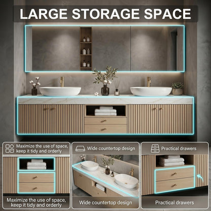 60''-96'' Modern Bathroom Vanity with Sink Double Sink Light Oak Veneer Slatted Niche Cabinet