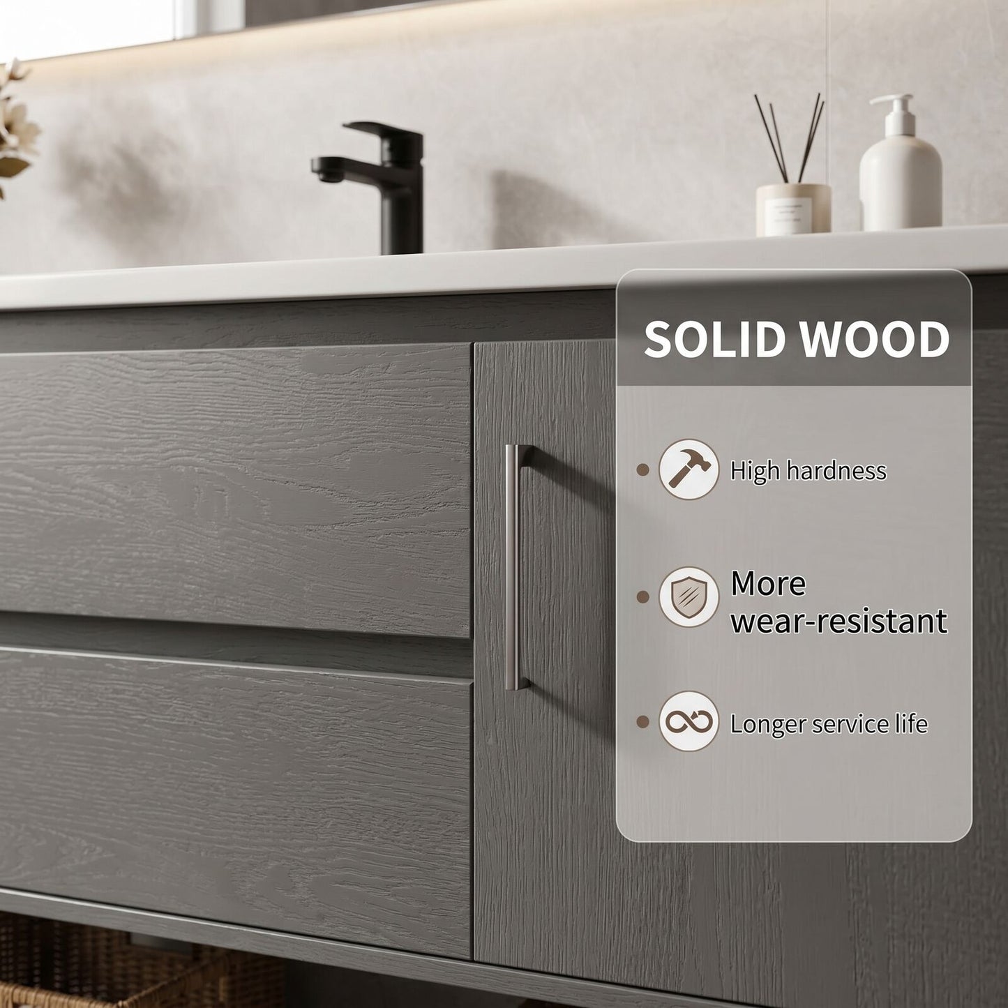 36''-64'' Modern Bathroom Vanity with Sink Single Sink Solid Wood Grain Floating Smart Mirror