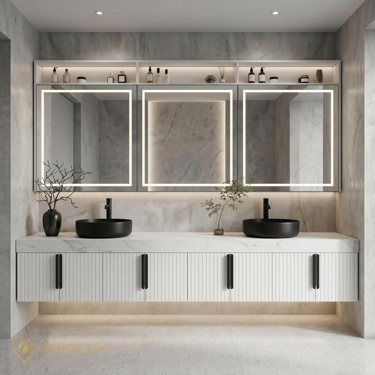 76''-96'' Bathroom Vanity with Sink Floating Double Slatted Doors Open Shelving Marble