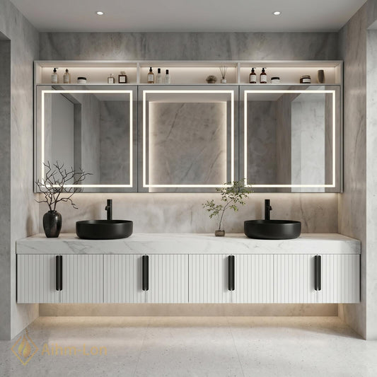 76''-96'' Bathroom Vanity with Sink Floating Double Slatted Doors Open Shelving Marble