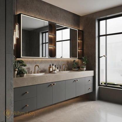 60''-96'' Double Bathroom Vanity with Sink Stone Textured Top Slatted Panel Drawers