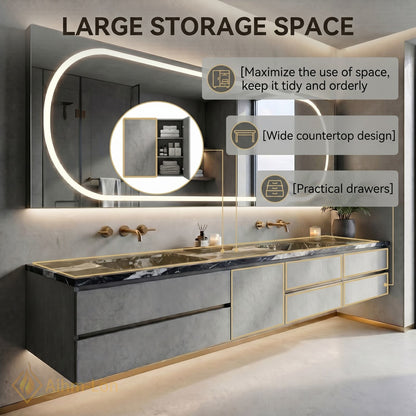 60''-96'' Floating Bathroom Vanity with Sink Double Basin Gray Textured Panels Round Mirror