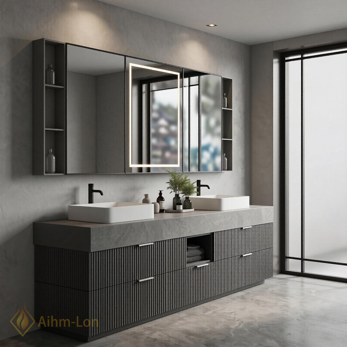 60''-96'' Double Bathroom Vanity with Sink Floating Slatted Drawers Concrete Texture Top