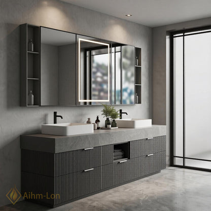 60''-96'' Double Bathroom Vanity with Sink Floating Slatted Drawers Concrete Texture Top