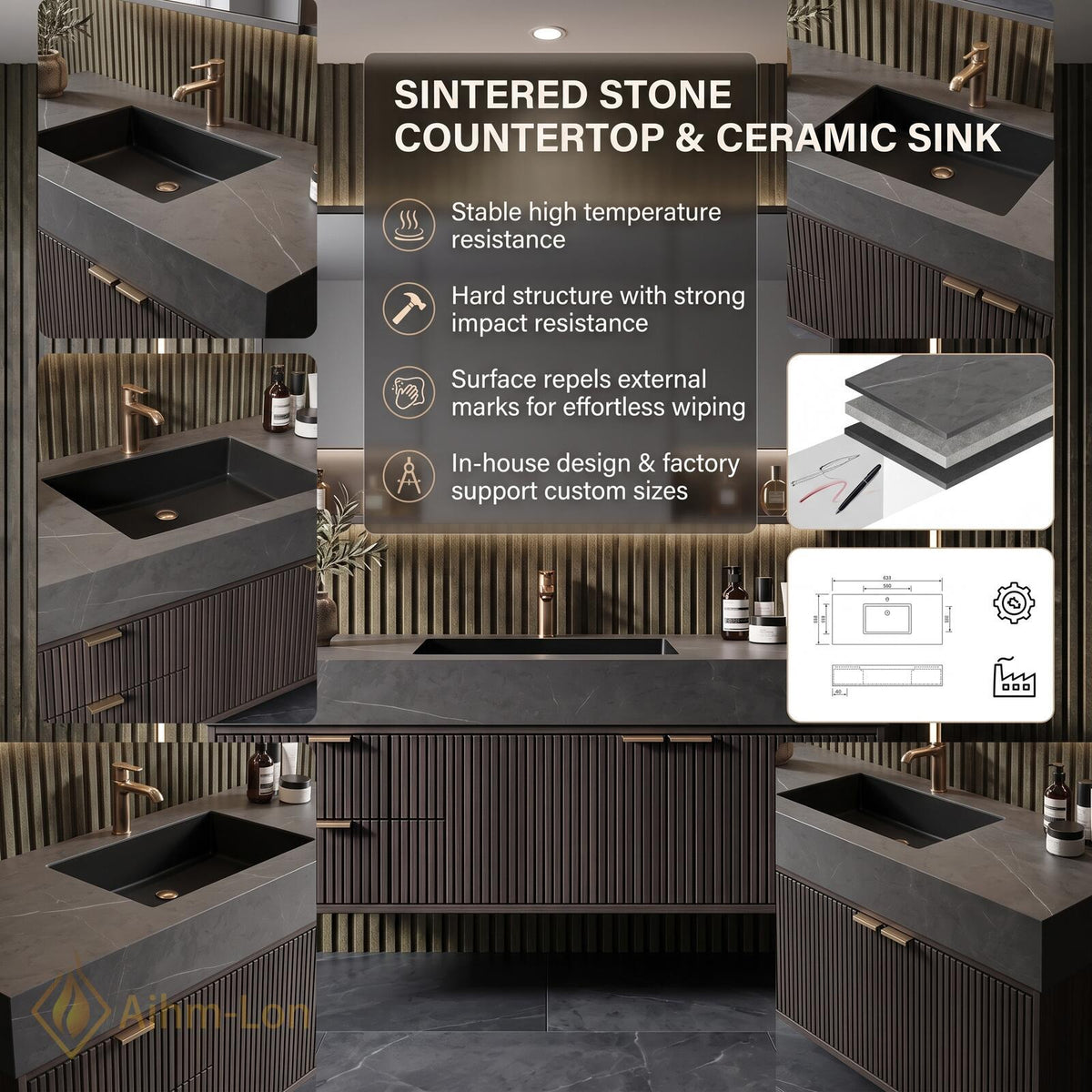 36''-110'' Bathroom Vanity with Sink Modern Ribbed Front Dark Sintered Stone