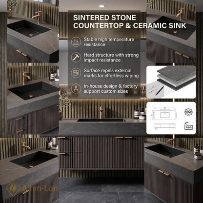 36''-110'' Bathroom Vanity with Sink Modern Ribbed Front Dark Sintered Stone