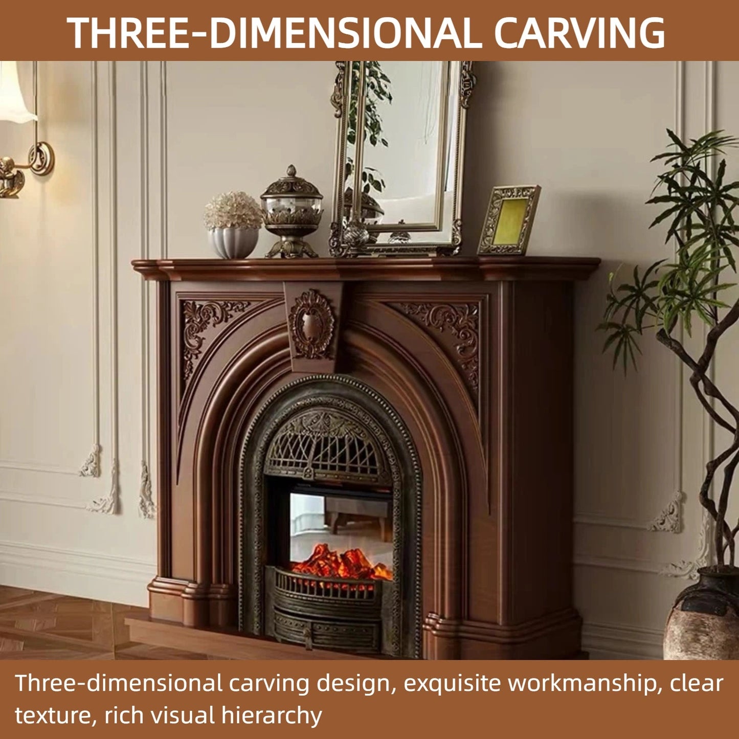 Aihm-Lon Brown Vintage Electric Fireplace Includes Arched Birdcage 47.24”(Bright brass birdcage)