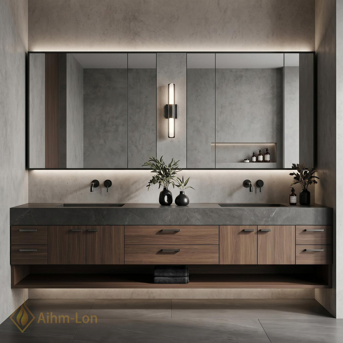 60''-96'' Double Bathroom Vanity with Sink Dark Wood Frameless Mirror Cabinet Storage