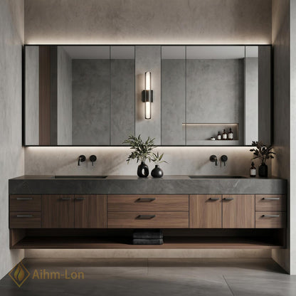 60''-96'' Double Bathroom Vanity with Sink Dark Wood Frameless Mirror Cabinet Storage