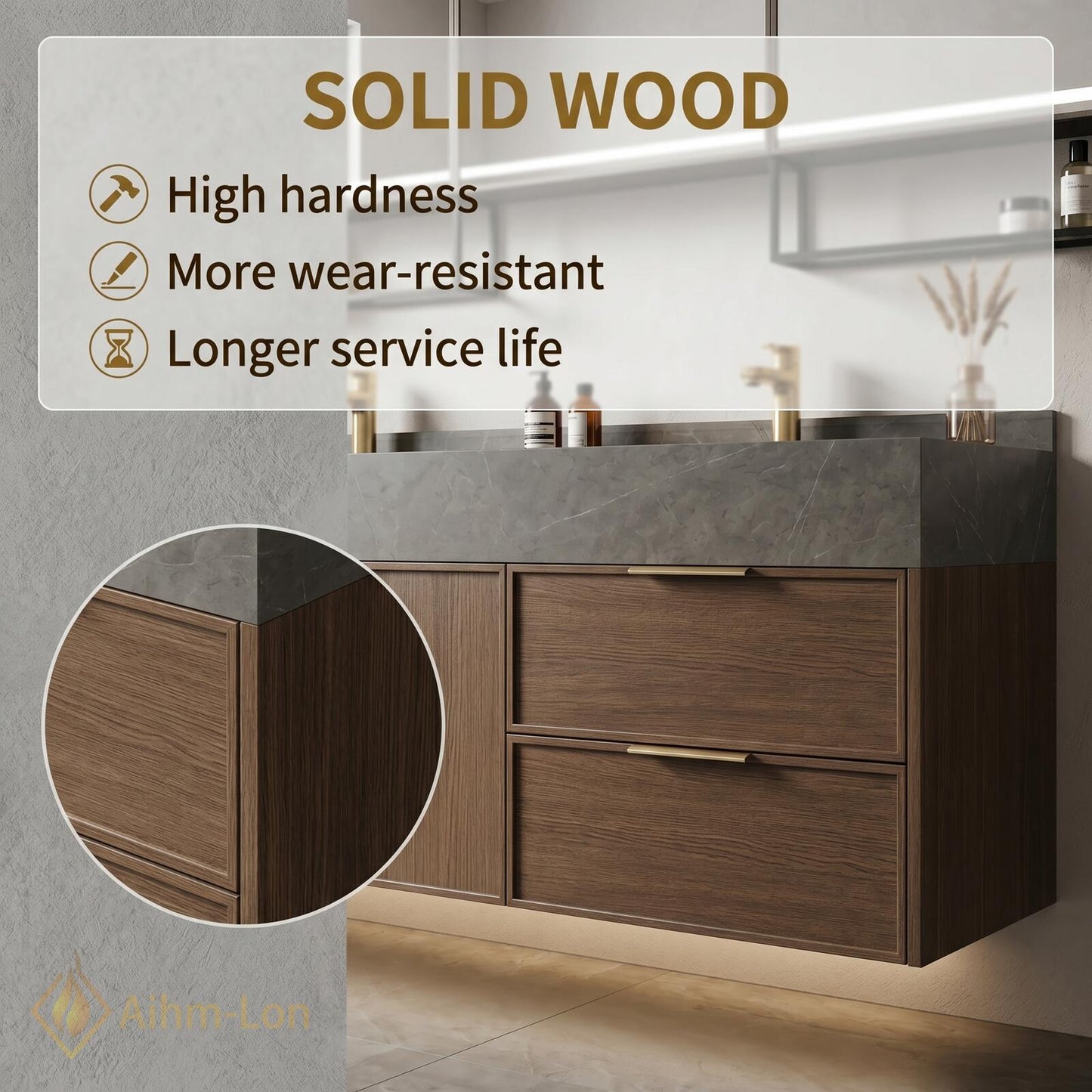 60''-96'' Double Bathroom Vanity with Sink Floating Dark Stone Countertop Wood Grain