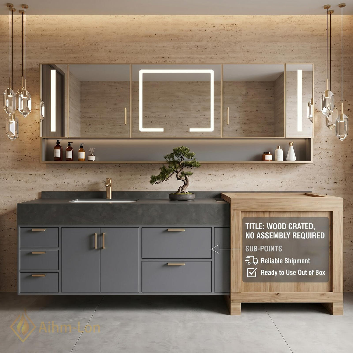 60''-96'' Double Bathroom Vanity with Sink Fluted Panel Doors Spacious Storage