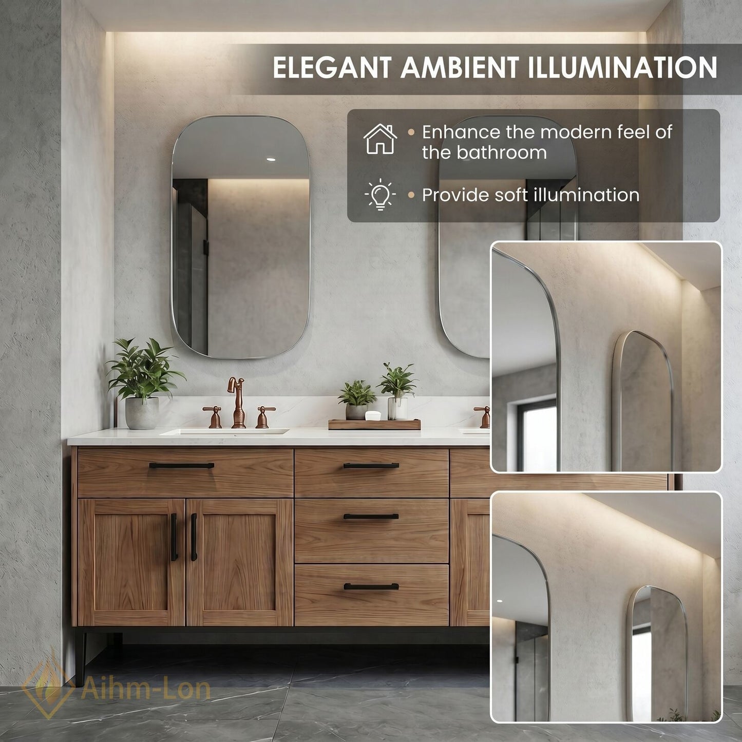 70''-96'' Modern Bathroom Vanity with Sink Floating Wood-Grain White Marble Black Handles