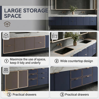 80''-96'' Double Bathroom Vanity with Sink Floating Double Marble Top Deep Navy