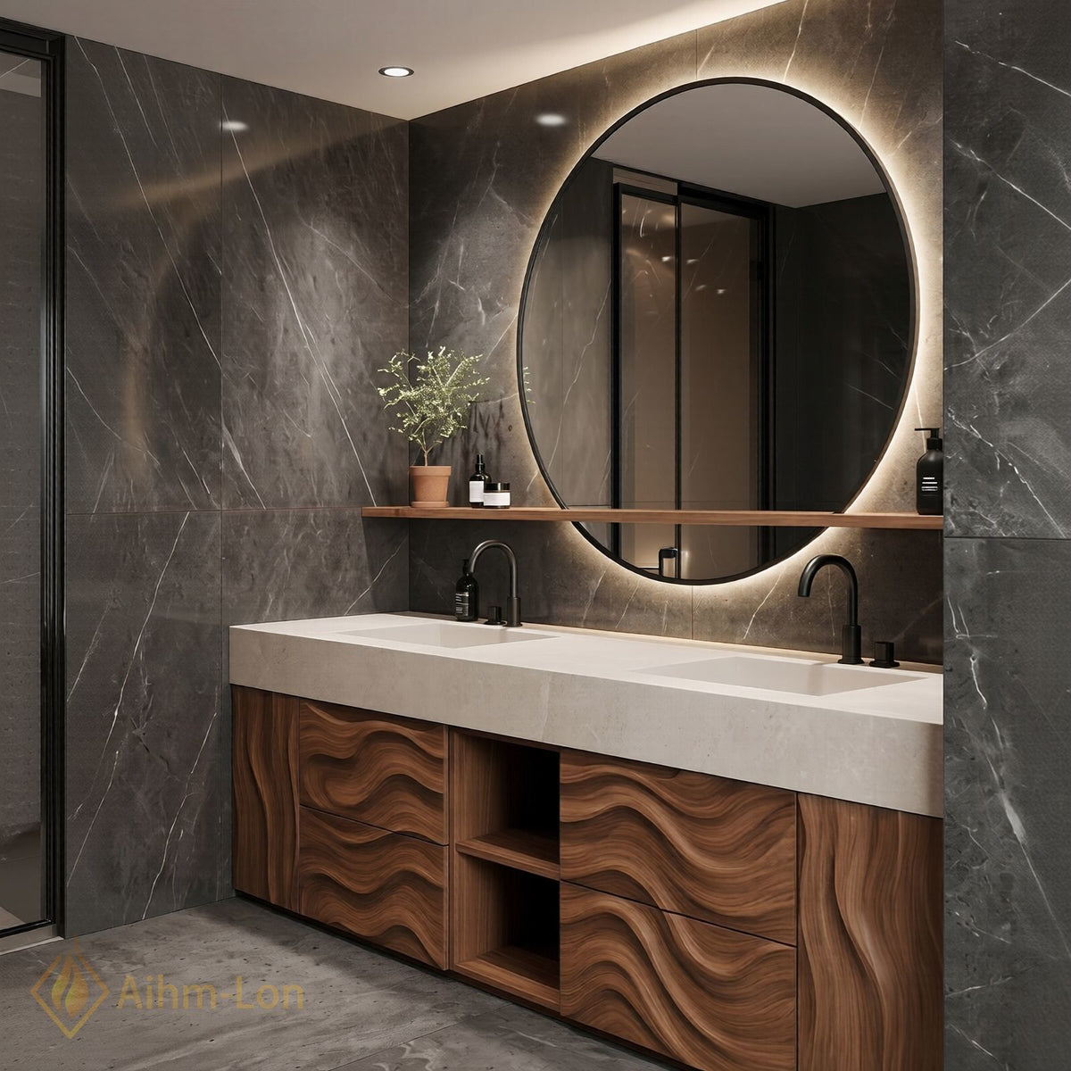 60''-96'' Double Bathroom Vanity with Sink Wavy Wood Grains Open Shelving Base