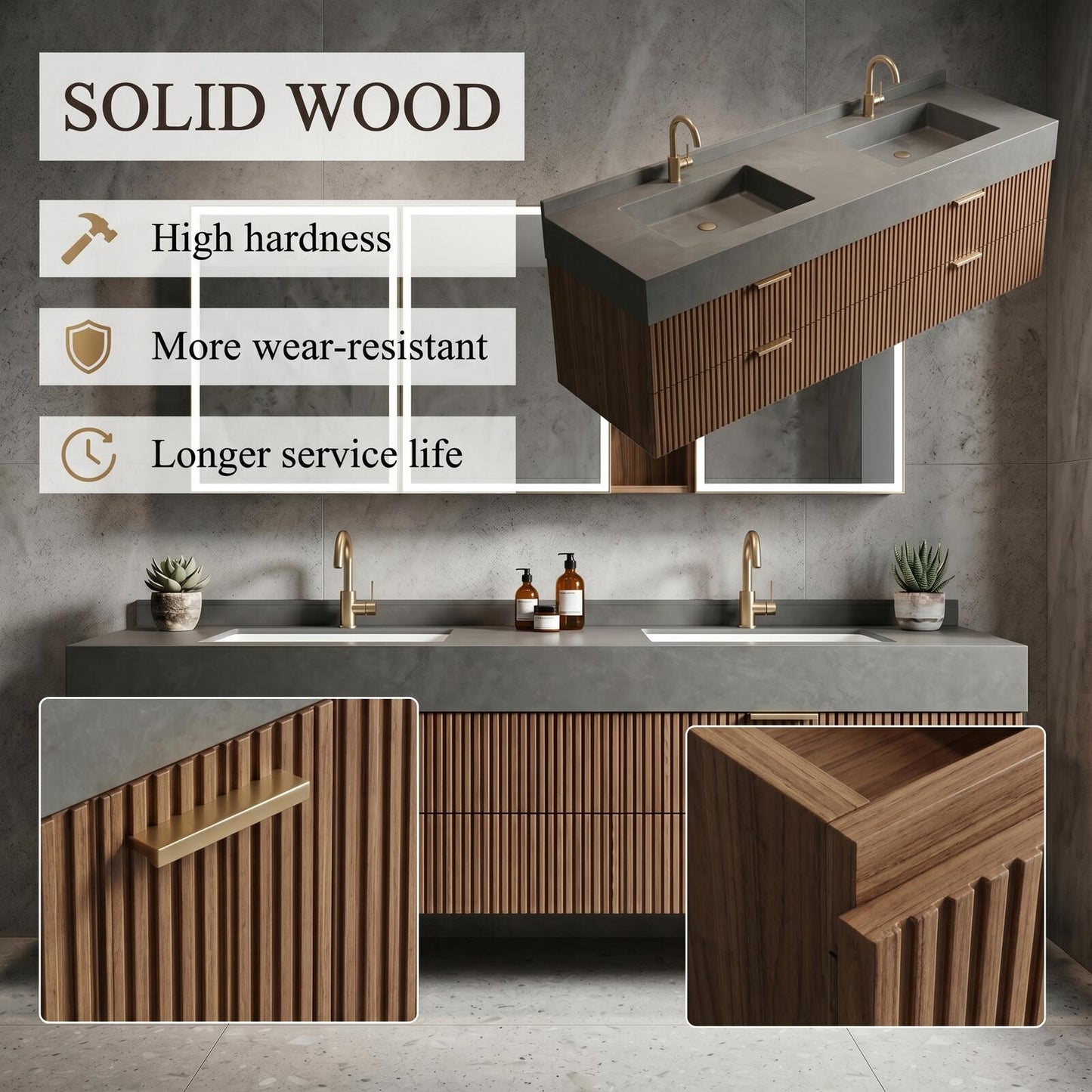60''-96'' Floating Bathroom Vanity with Sink Double Sink Dark Grey Stone Vertical Slatted Wood
