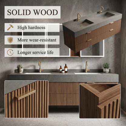 60''-96'' Floating Bathroom Vanity with Sink Double Sink Dark Grey Stone Vertical Slatted Wood
