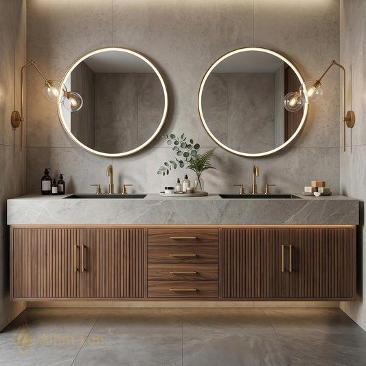 60''-96'' Double Bathroom Vanity with Sink Dark-Walnut Modern Floating Center Shelving