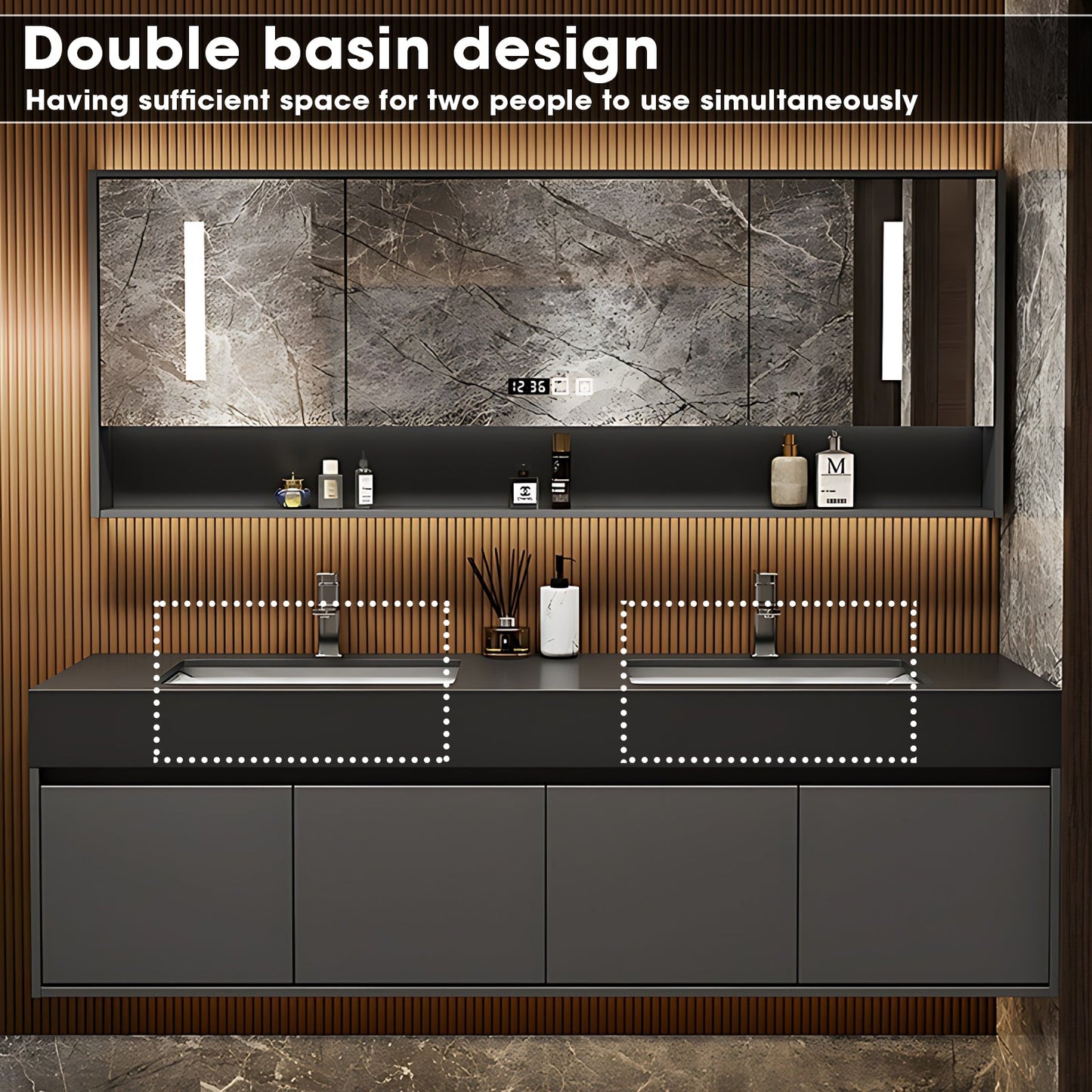 52"- 96"  Modern Floating Double Sink Bathroom Vanity Set,  Smart Mirror Cabinet