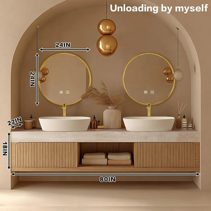 60"-96"Floating Bathroom Vanity with Double Sinks Includes Round Mirror