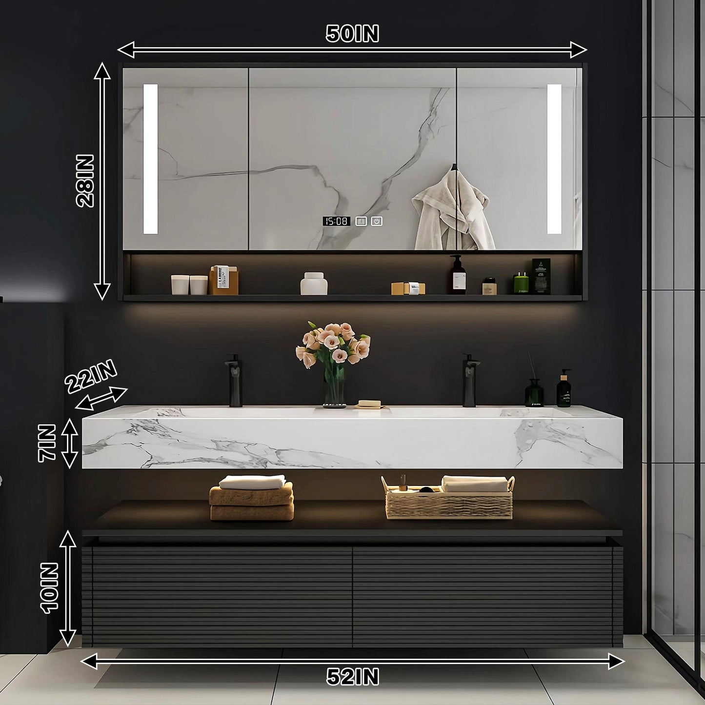 52"-78"Modern Vanity Double Sink Open Storage and LED Smart Mirror