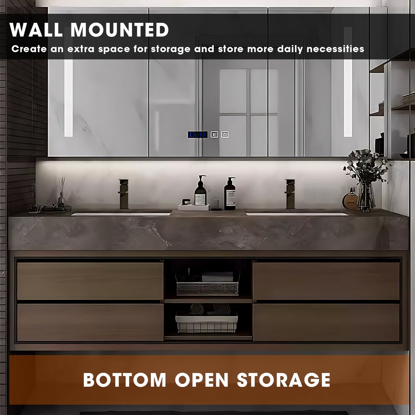 52"- 96" Modern Double Ceramic Basin Bath Vanity Set with Smart Mirror Cabinet