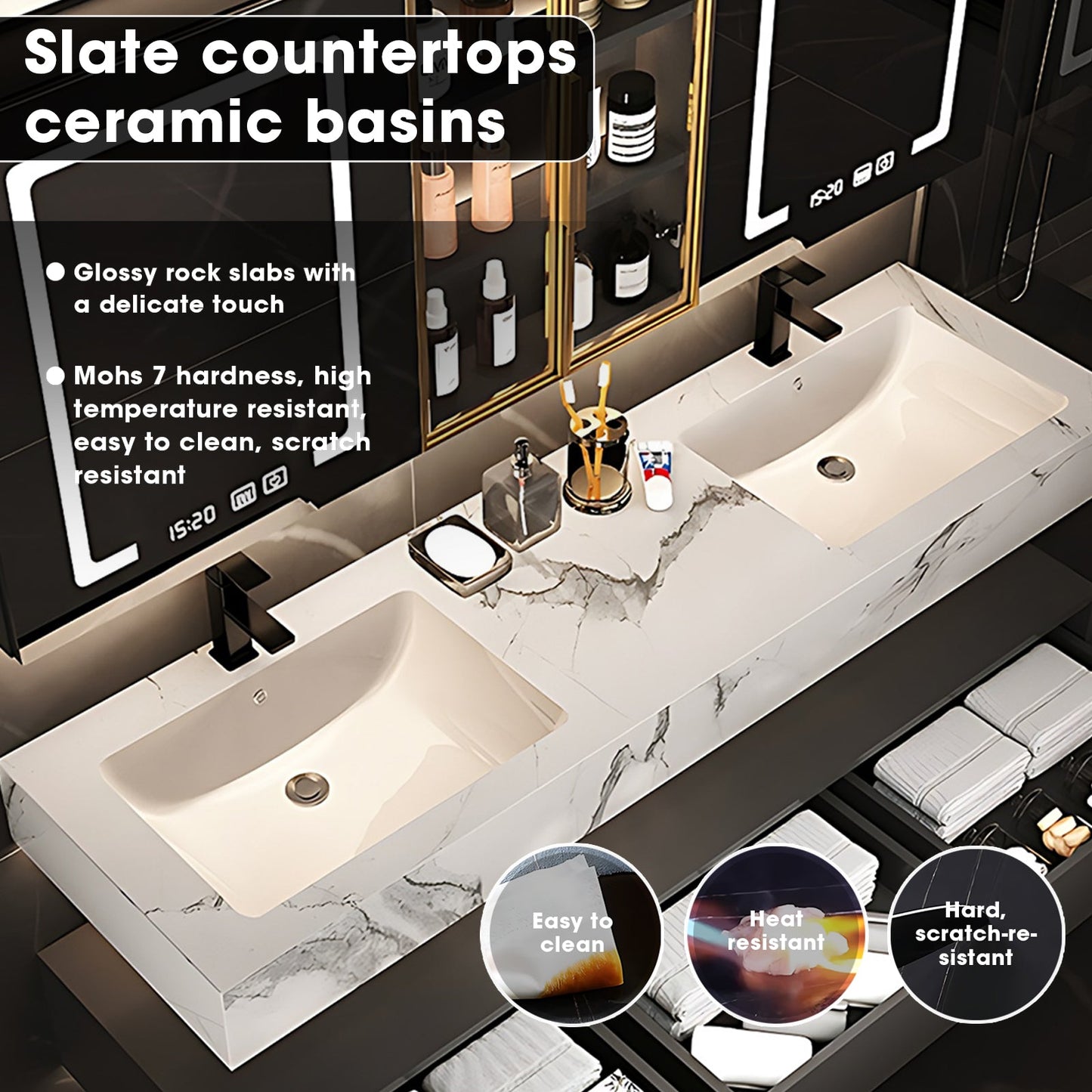 56"-96"Double Basin Floating Bathroom  Vanity High end Luxury Countertop