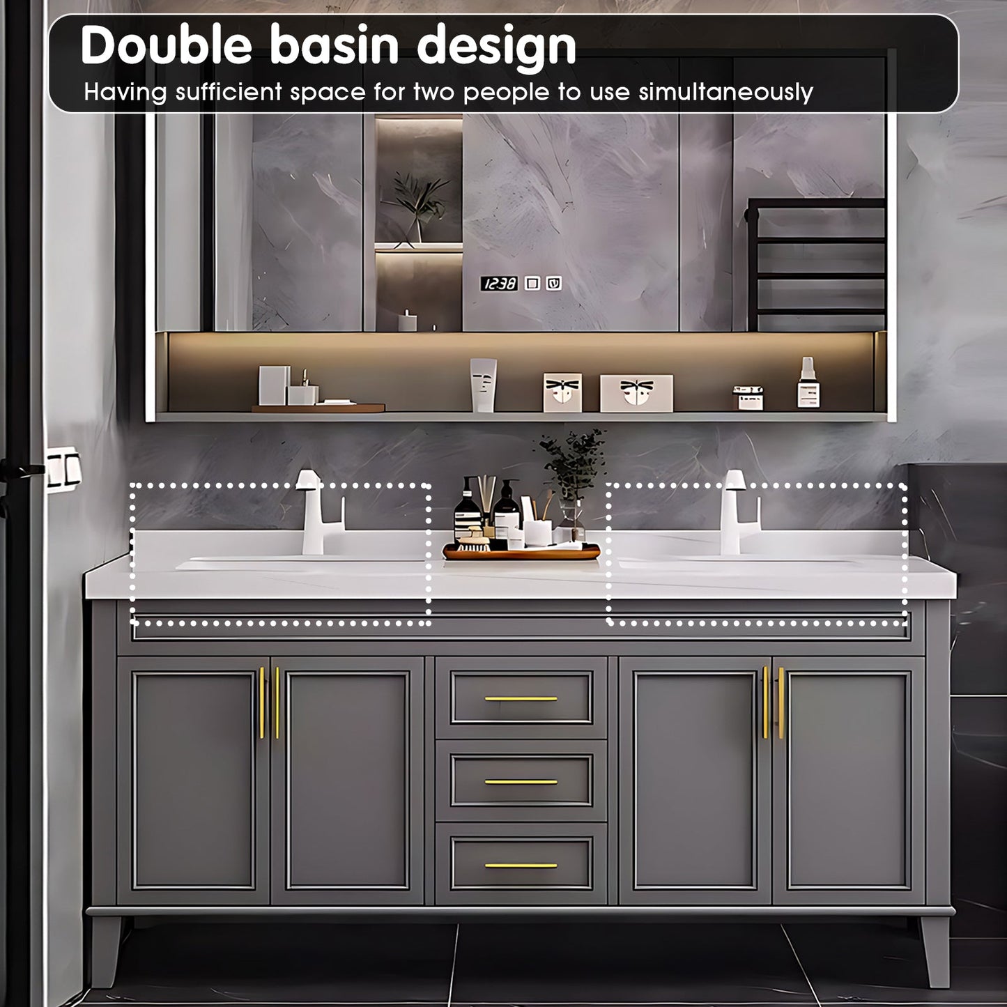 52"- 96"  Modern Bathroom Vanity Set with Double Sink and Defogging Mirror Cabinet Gray