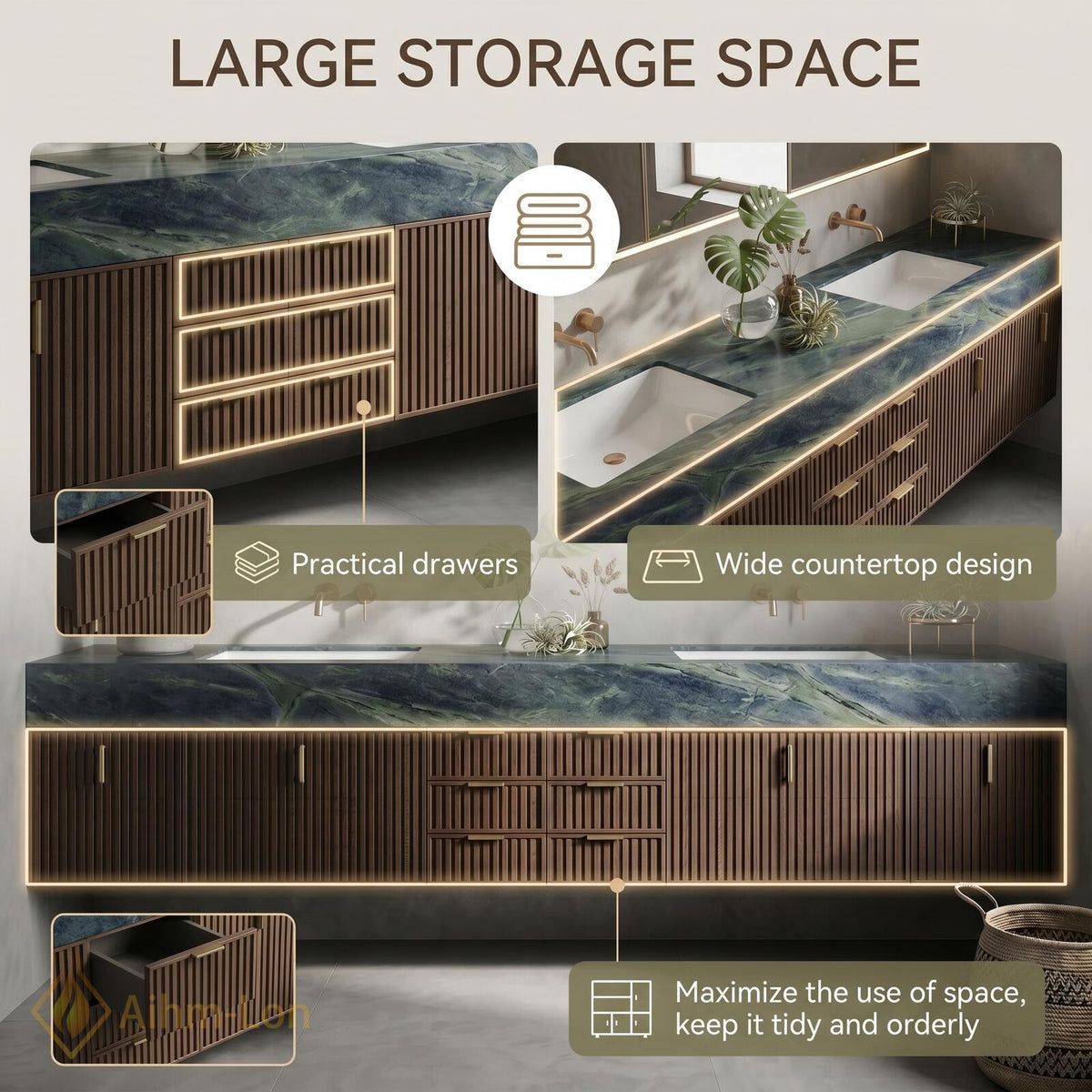 60''-96'' Double Bathroom Vanity with Sink Floating Deep Green Top Slatted Wood