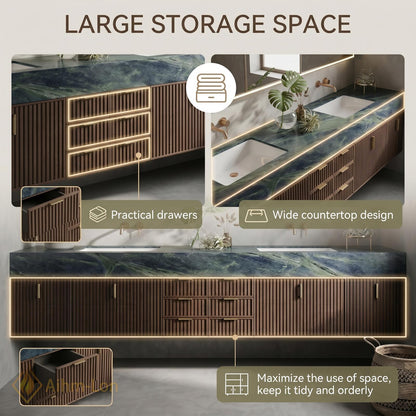 60''-96'' Double Bathroom Vanity with Sink Floating Deep Green Top Slatted Wood