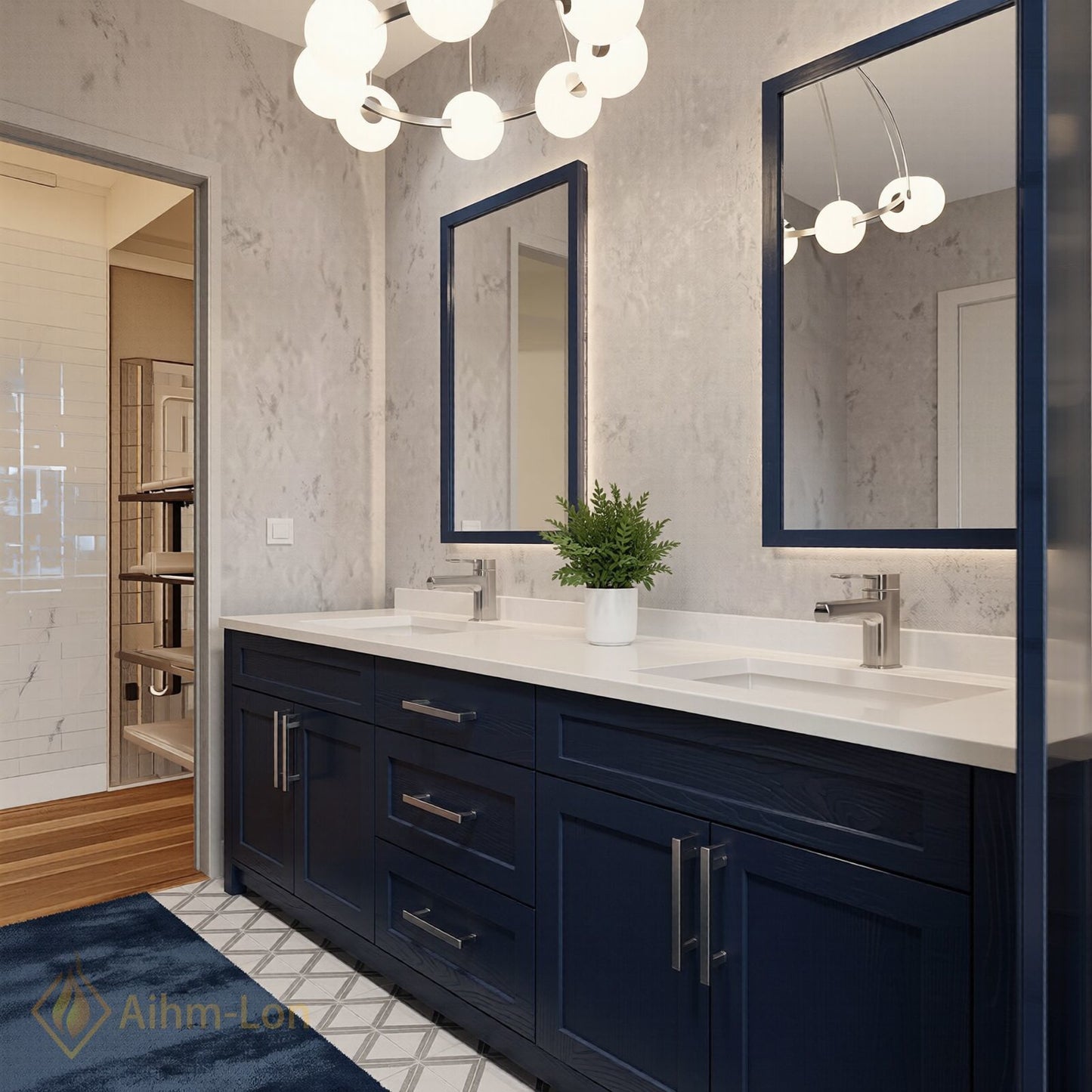 70''-96'' Double Bathroom Vanity with Sink Undermount Basin Navy Blue Spacious Drawers
