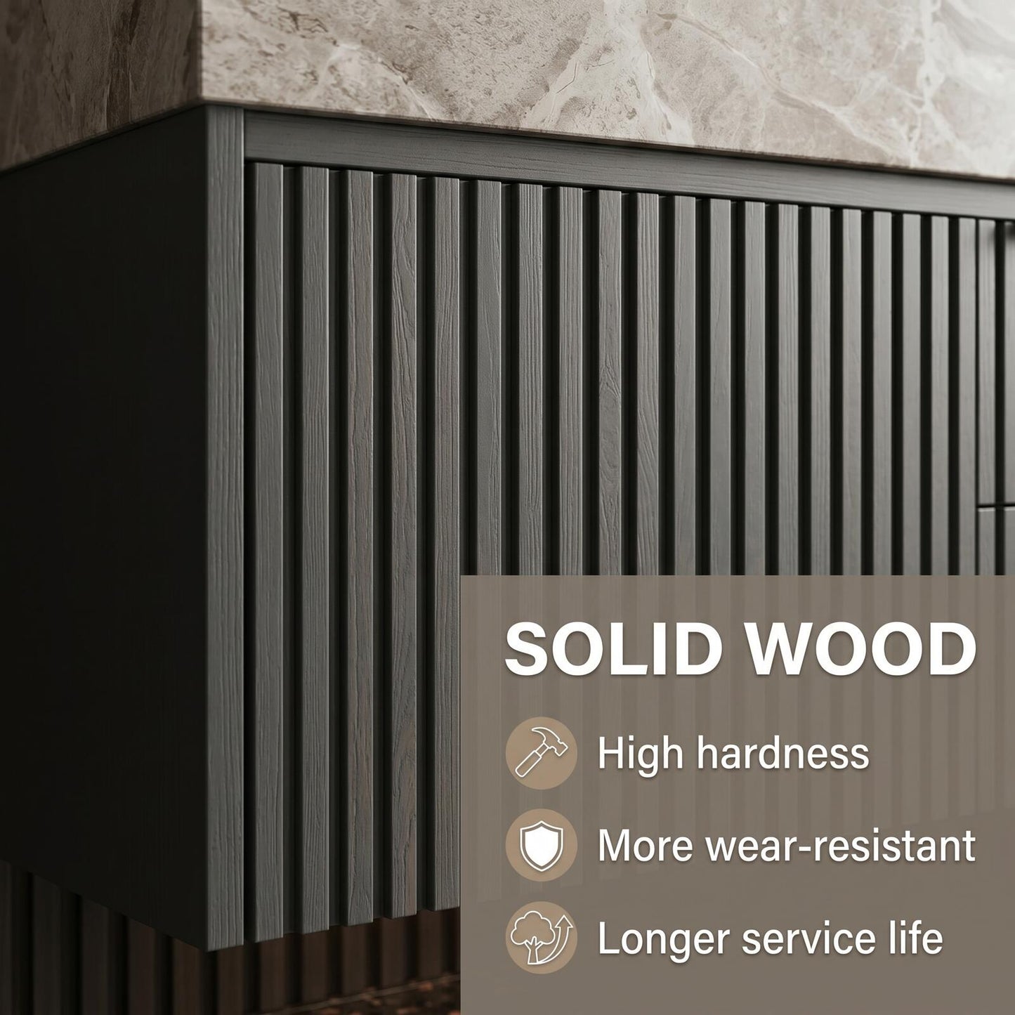 60''-96'' Modern Bathroom Vanity with Sink Double Sink Dark Walnut Slatted Center Panel Cabinet